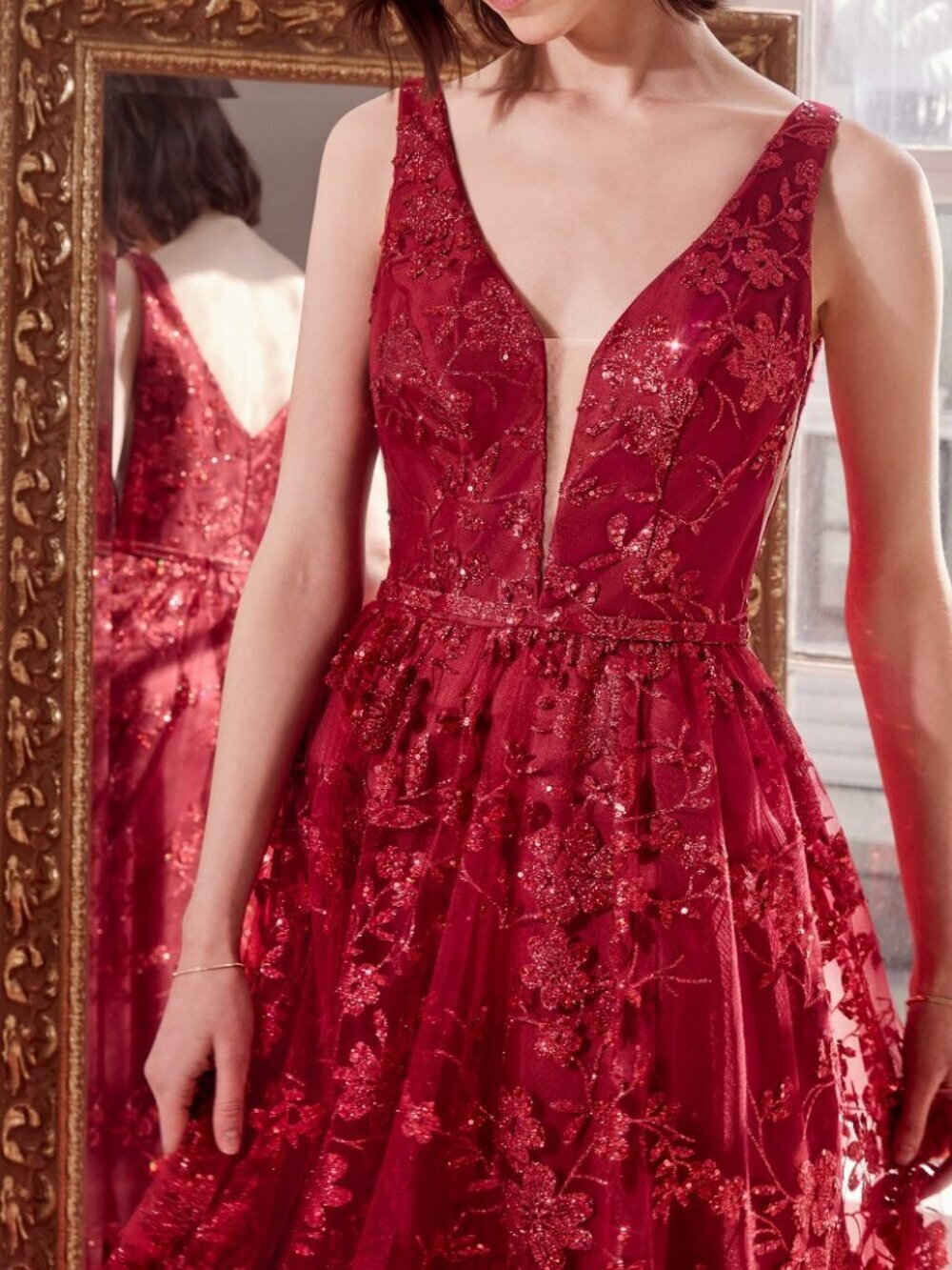 New Formal Long Sleeveless Sequins A-Line Dress w/ Glitter Embroidery CD T606 - Picture 3 of 4